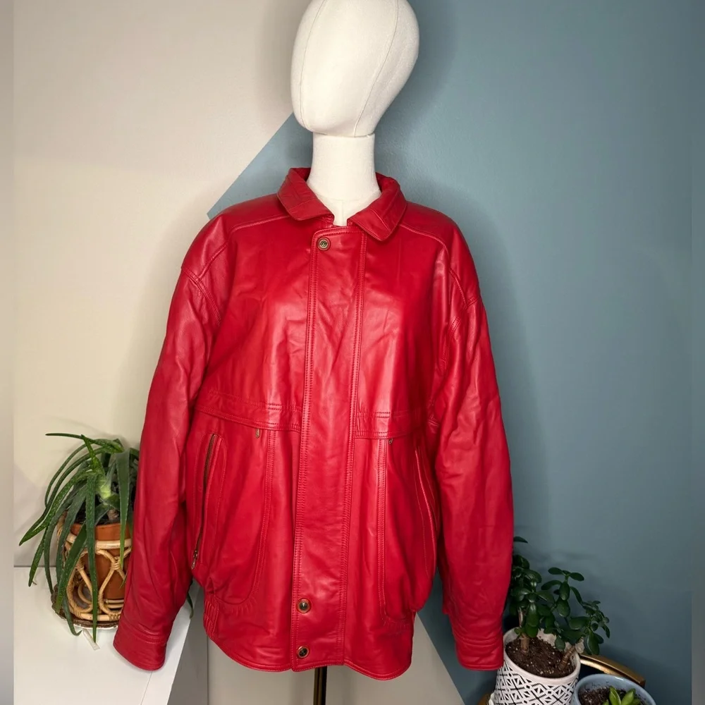 Vintage 90s Red Leather Bomber Jacket STRIWA Croatia SALMI Zip Oversized 40 - Picture 2 of 13